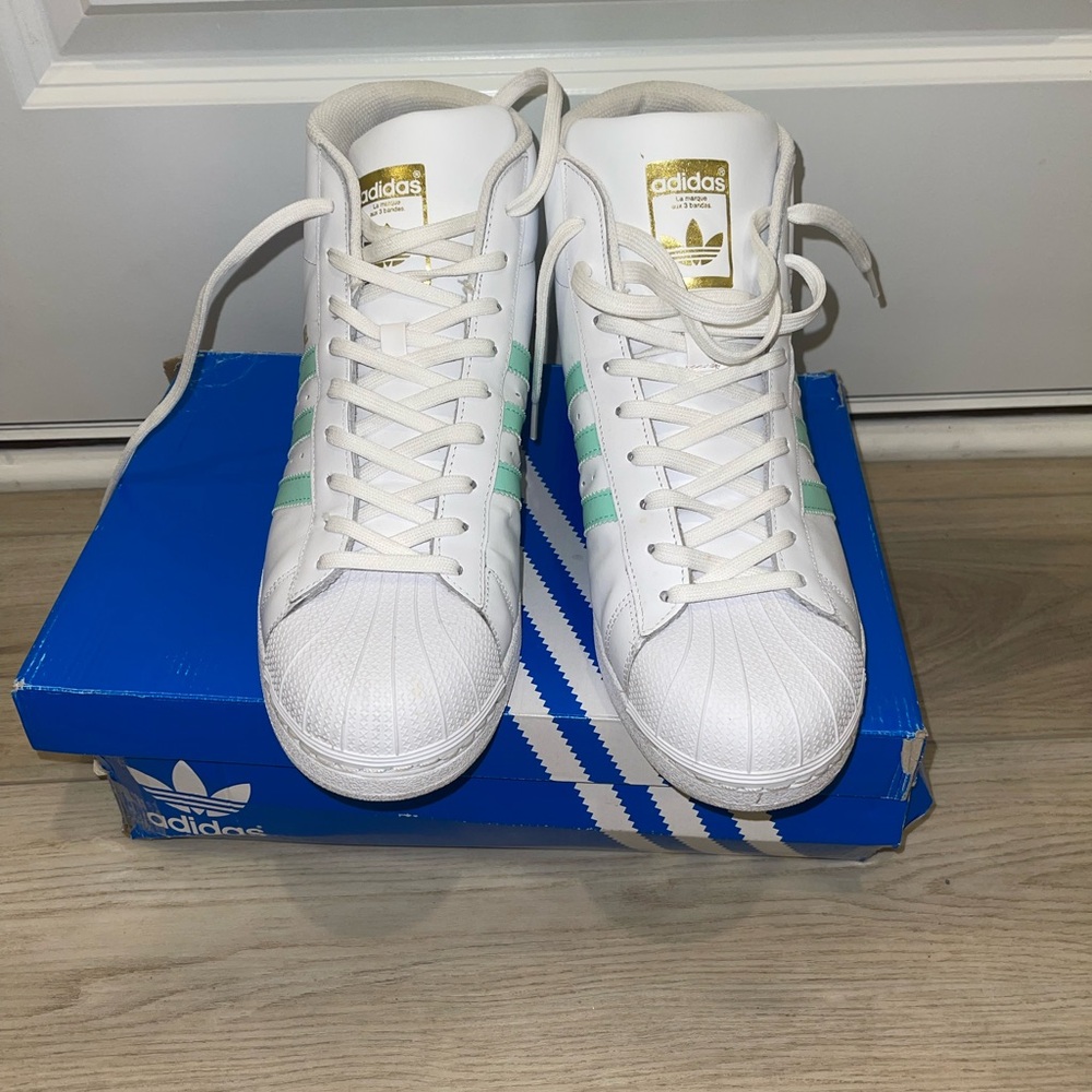 Men’s adidas white and mint green high tops